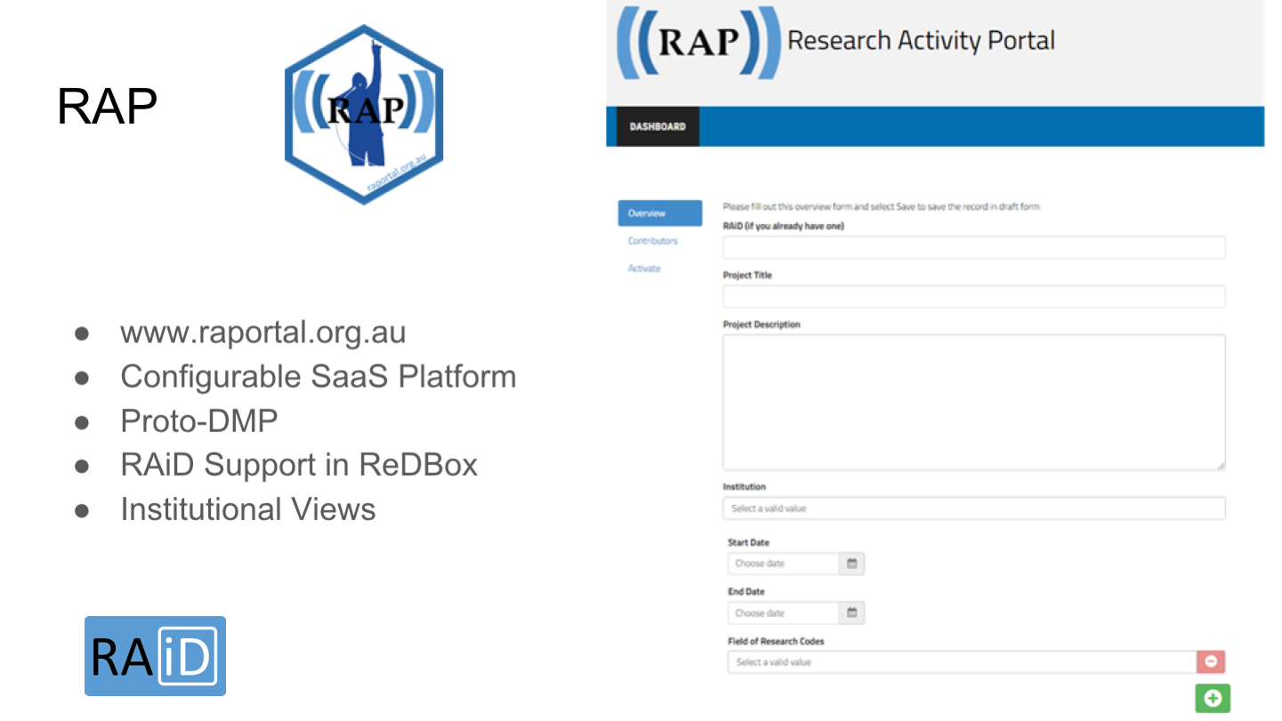 RAP
www.raportal.org.au
Configurable SaaS Platform
Proto-DMP
RAiD Support in ReDBox
Institutional Views
<p>