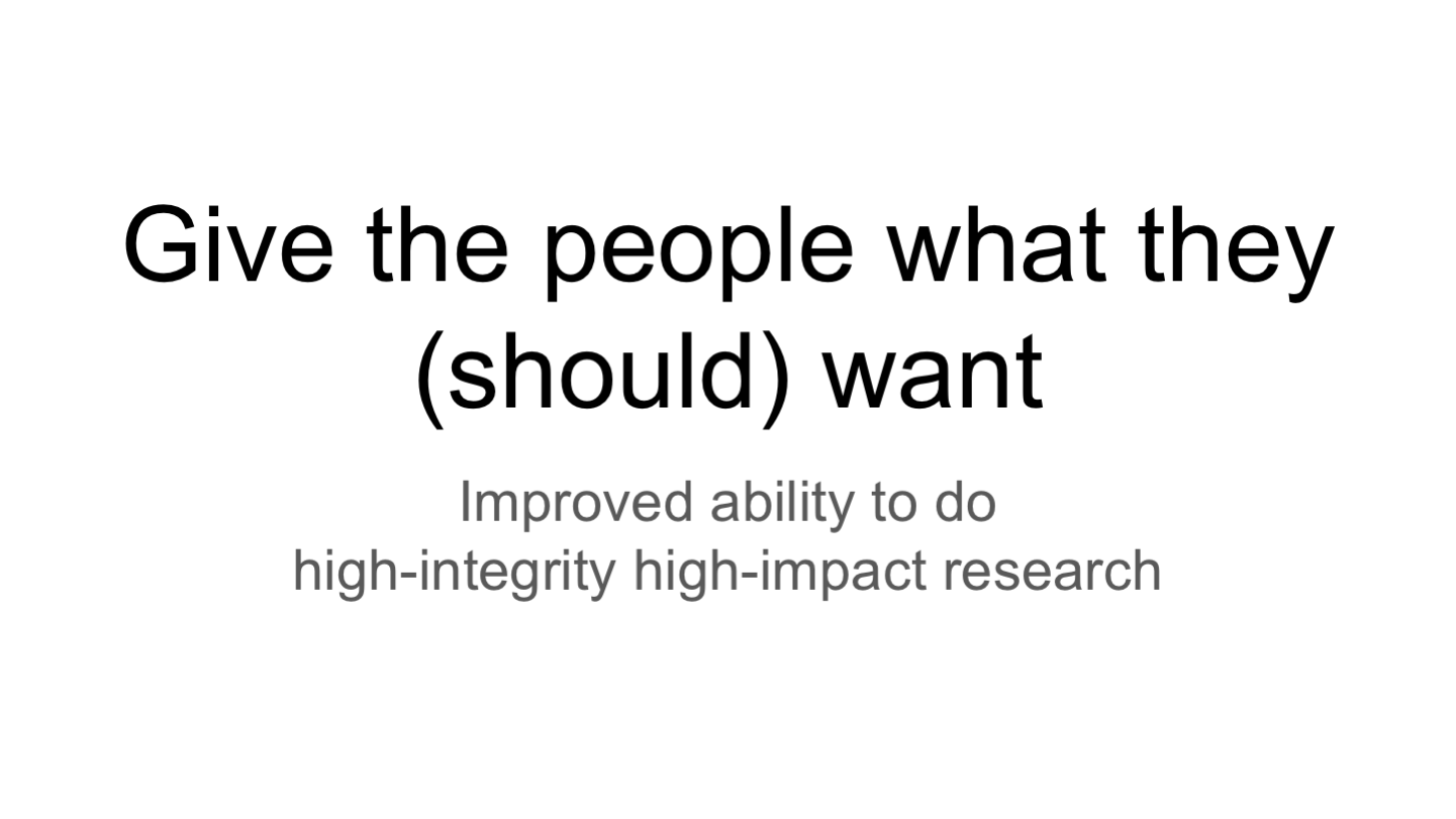 Give the people what they (should) want
Improved ability to do
high-integrity high-impact research
