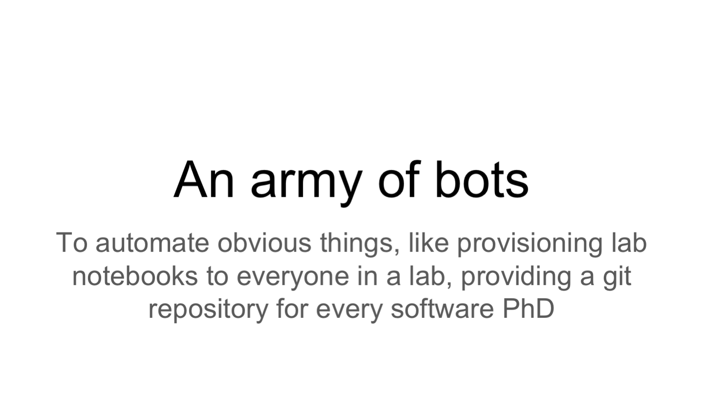 An army of bots
To automate obvious things, like provisioning lab notebooks to everyone in a lab, providing a git repository for every software PhD
