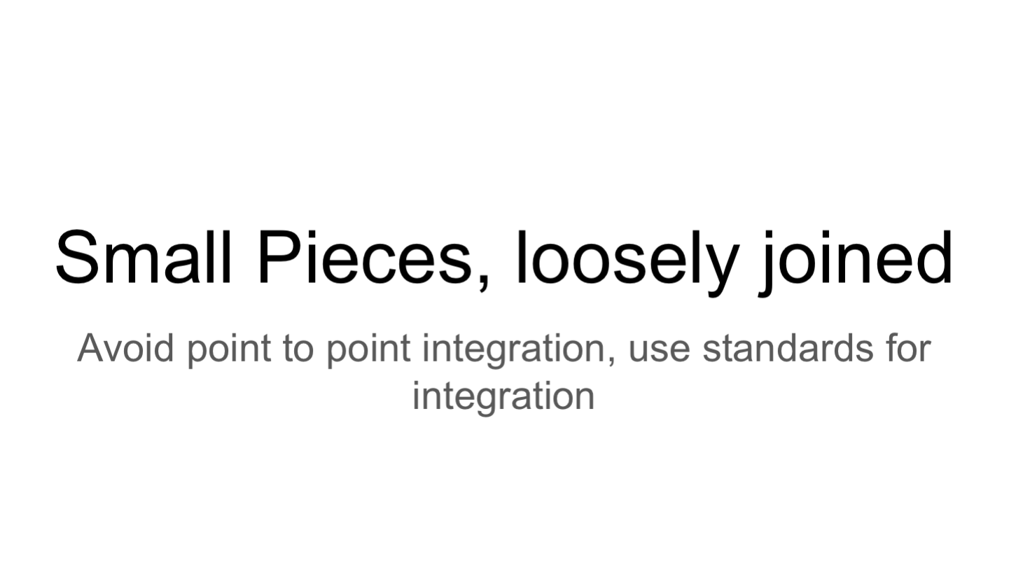 Small Pieces, loosely joined
Avoid point to point integration, use standards for integration
<p>