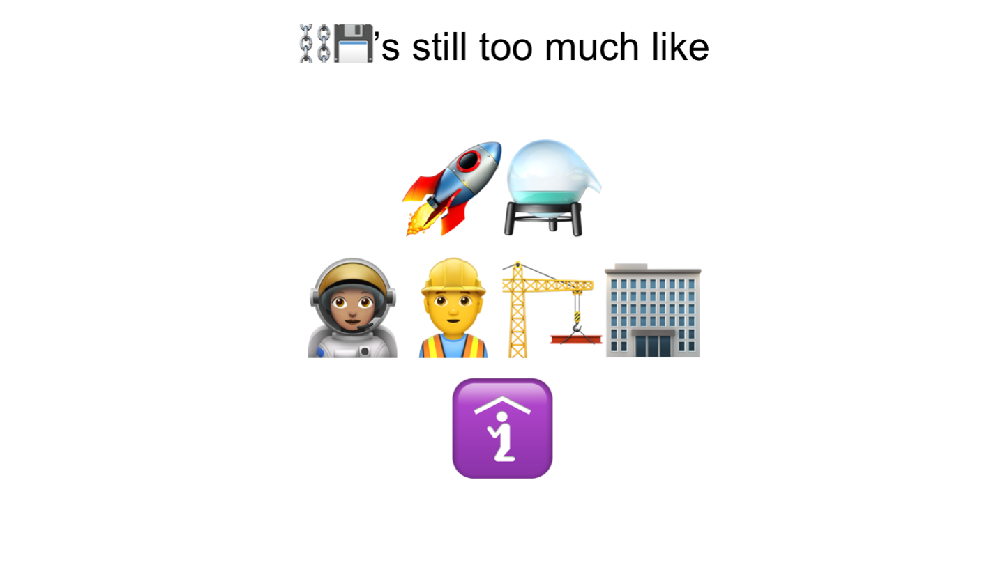 ⛓💾’s still too much like
<p>🚀⚗️
👩🏽‍🚀👷‍🏗️🏢
🛐
