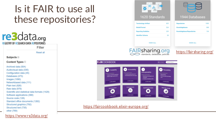 Is it FAIR to use all these repositories? https://fairsharing.org/ https://faircookbook.elixir-europe.org/  https://www.re3data.org/ 