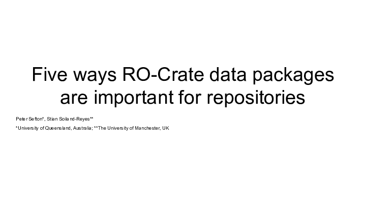Five ways RO-Crate data packages are important for repositories :: Peter Sefton*, Stian Soiland-Reyes** ::  :: *University of Queensland, Australia; **The University of Manchester, UK ::  ::  :: 