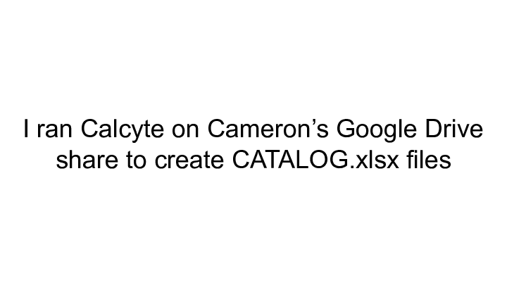 I ran Calcyte on Cameron's Google Drive ||     share to create CATALOG.xlsx files
